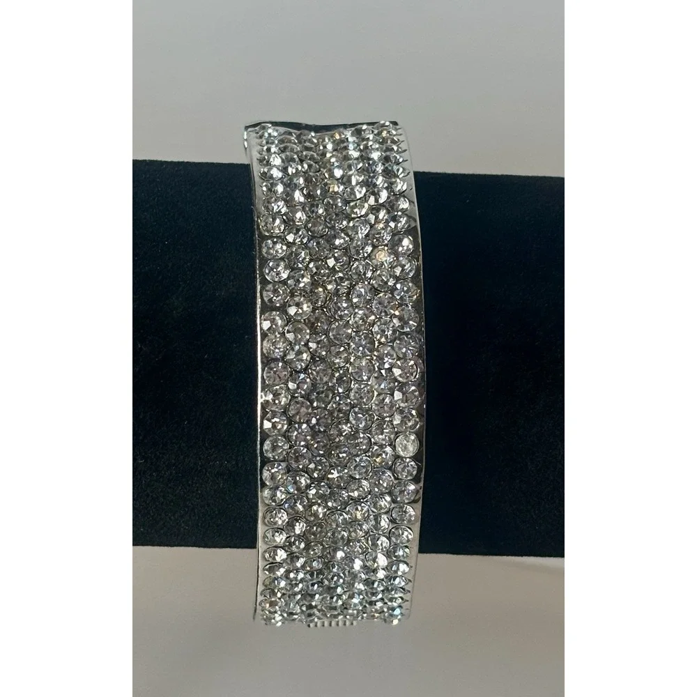 Vintage Silvertone Crystal Wide Hinged Bangle Bracelet